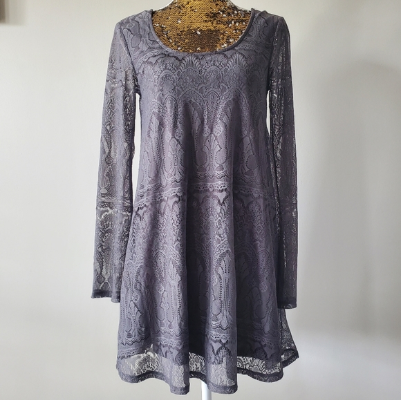 Altar'd State Slate Grey Lace Bell Sleeve Dress - Picture 1 of 5